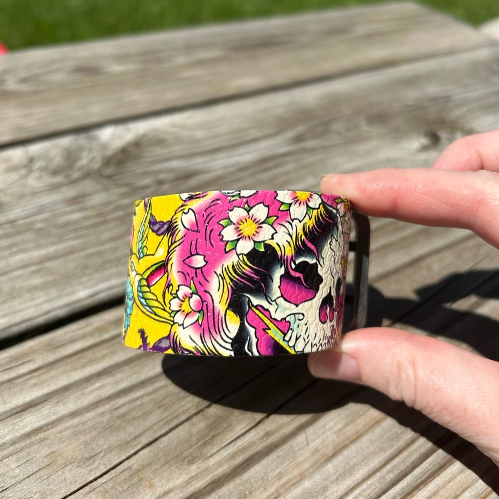 Ed Hardy y2k Hot Pink Yellow Leather Cuff Skull Sparrow Floral Tattoo